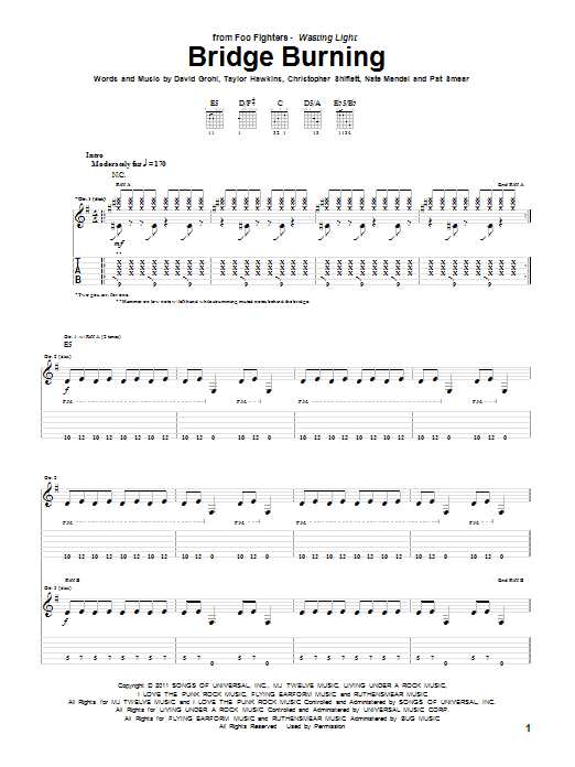 Learn to play Foo Fighters Bridge Burning sheet music for Guitar Tab in minutes. Price: 7.8900$ Foo Fighters Bridge Burning sheet music notes and chords arranged for Guitar Tab