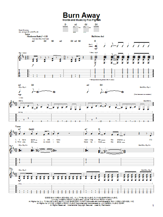 Learn to play Foo Fighters Burn Away sheet music for Guitar Tab in minutes. Price: 7.8900$ Foo Fighters Burn Away sheet music notes and chords arranged for Guitar Tab
