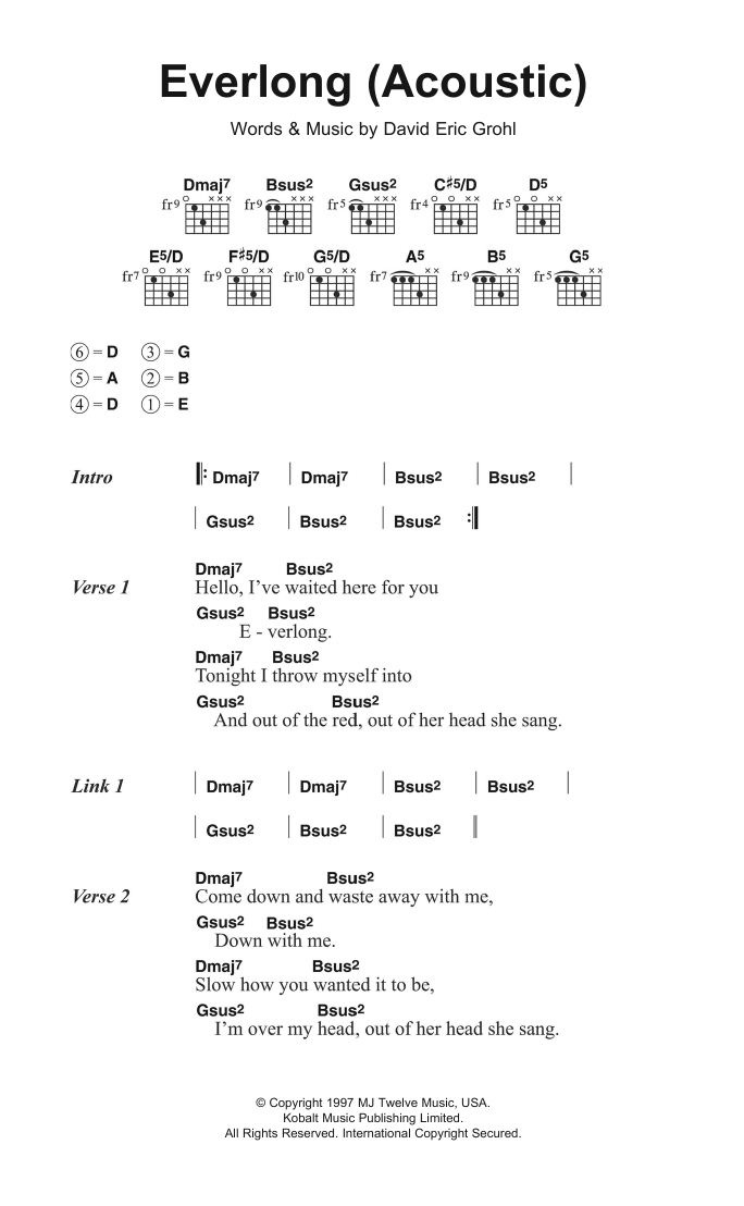 Foo Fighters Everlong (Acoustic version) sheet music notes and chords. Download Printable PDF.