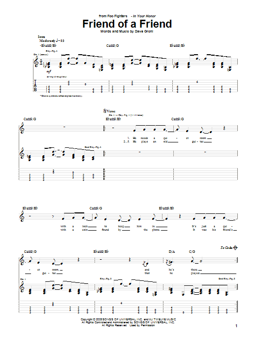 Learn to play Foo Fighters Friend Of A Friend sheet music for Guitar Tab in minutes. Price: 7.8900$ Foo Fighters Friend Of A Friend sheet music notes and chords arranged for Guitar Tab