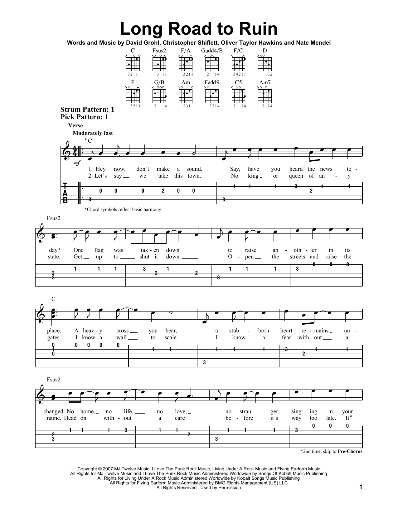 Foo Fighters Long Road To Ruin sheet music notes and chords. Download Printable PDF.