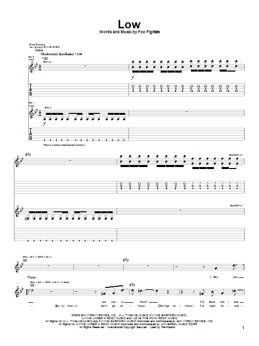 Learn to play Foo Fighters Low sheet music for Guitar Tab in minutes. Price: 7.8900$ Foo Fighters Low sheet music notes and chords arranged for Guitar Tab