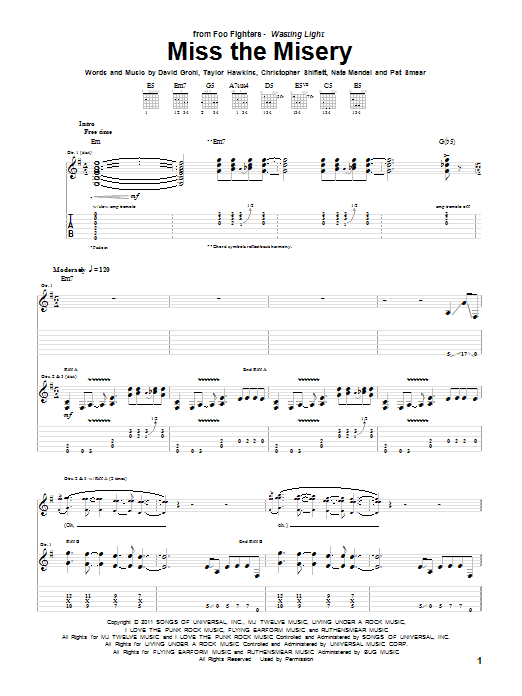 Foo Fighters Miss The Misery sheet music notes and chords. Download Printable PDF.