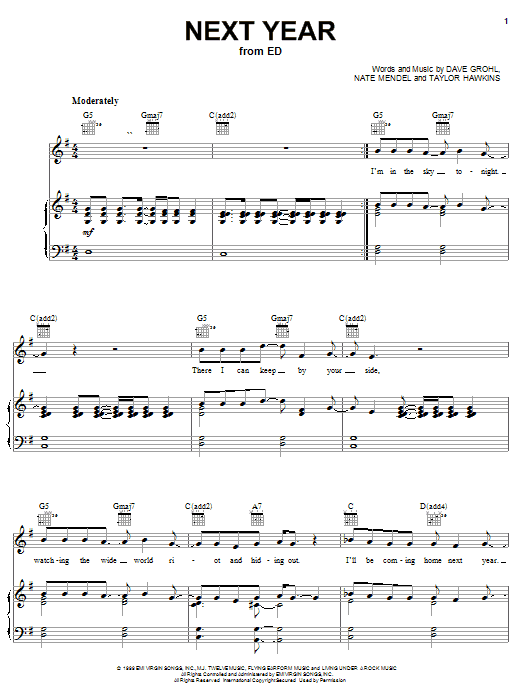 Learn to play Foo Fighters Next Year sheet music for Piano, Vocal & Guitar Chords (Right-Hand Melody) in minutes. Price: 7.8900$ Foo Fighters Next Year sheet music notes and chords arranged for Piano, Vocal & Guitar Chords (Right-Hand Melody)