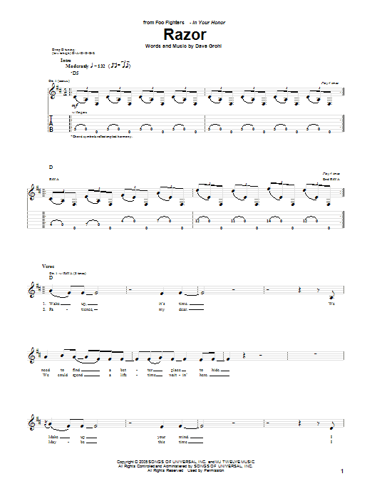 Learn to play Foo Fighters Razor sheet music for Guitar Tab in minutes. Price: 7.8900$ Foo Fighters Razor sheet music notes and chords arranged for Guitar Tab