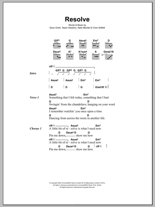 Learn to play Foo Fighters Resolve sheet music for Guitar Chords/Lyrics in minutes. Price: 4.4900$ Foo Fighters Resolve sheet music notes and chords arranged for Guitar Chords/Lyrics