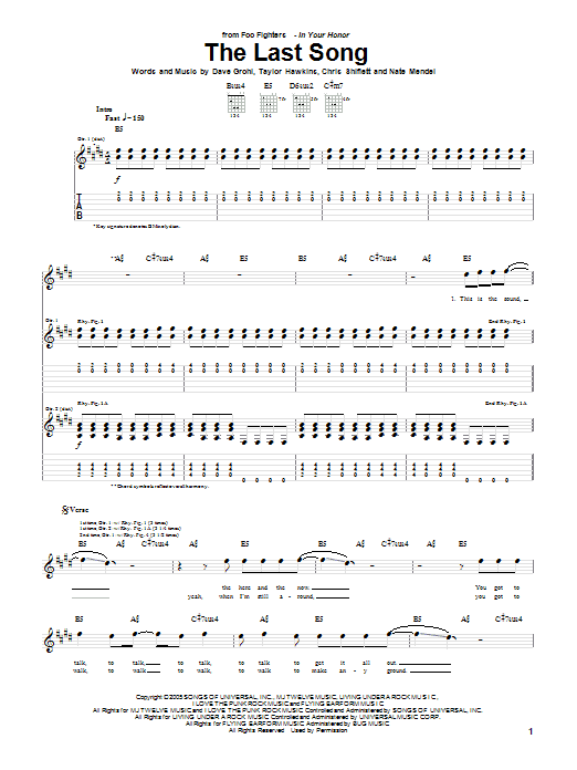 Learn to play Foo Fighters The Last Song sheet music for Guitar Tab in minutes. Price: 7.8900$ Foo Fighters The Last Song sheet music notes and chords arranged for Guitar Tab