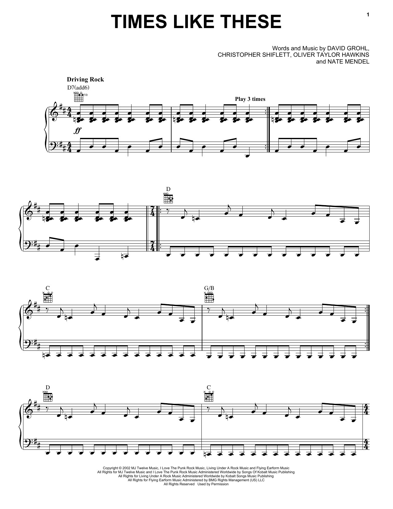 Foo Fighters Times Like These sheet music notes and chords. Download Printable PDF.