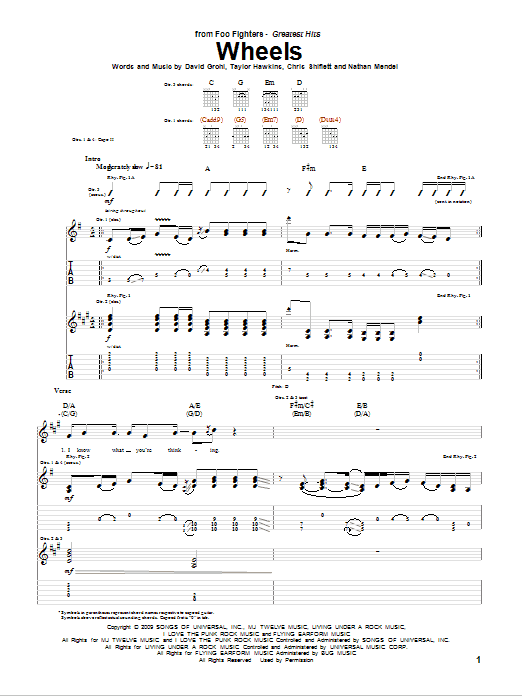 Foo Fighters Wheels sheet music notes and chords. Download Printable PDF.