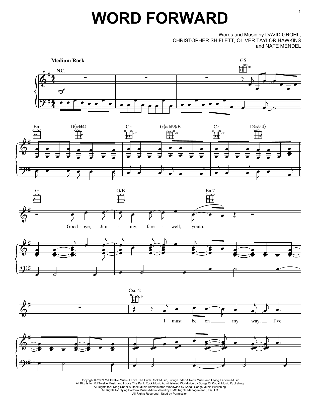 Learn to play Foo Fighters Word Forward sheet music for Piano, Vocal & Guitar Chords (Right-Hand Melody) in minutes. Price: 7.8900$ Foo Fighters Word Forward sheet music notes and chords arranged for Piano, Vocal & Guitar Chords (Right-Hand Melody)