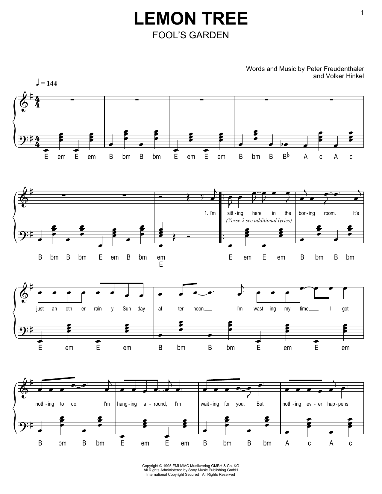 Fool's Garden Lemon Tree sheet music notes and chords. Download Printable PDF.