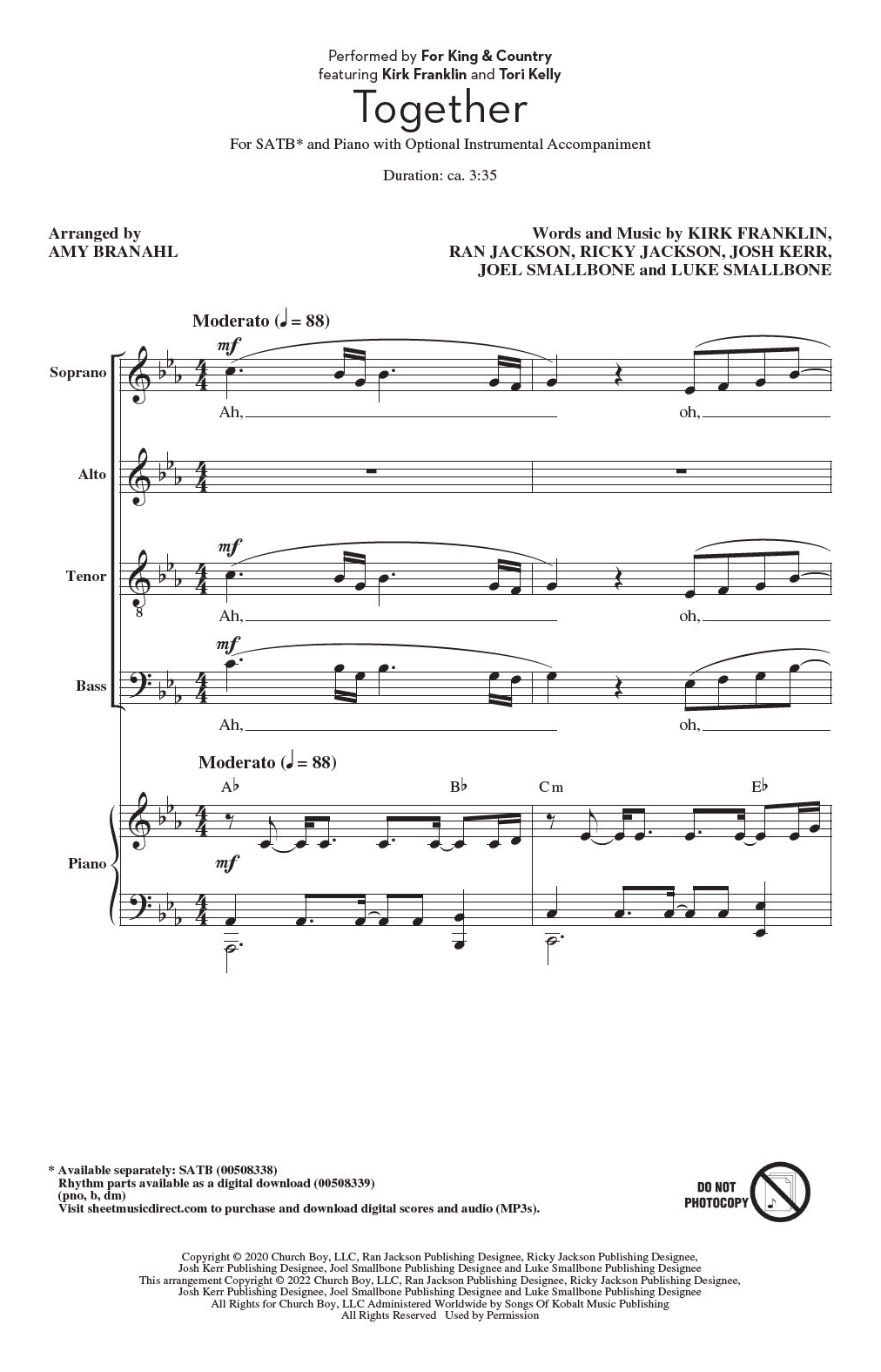 for KING & COUNTRY Together (feat. Kirk Franklin and Tori Kelly) (arr. Amy Branahl) sheet music notes and chords. Download Printable PDF.