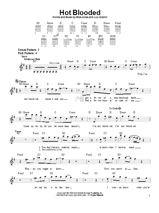 Foreigner Hot Blooded sheet music notes and chords. Download Printable PDF.