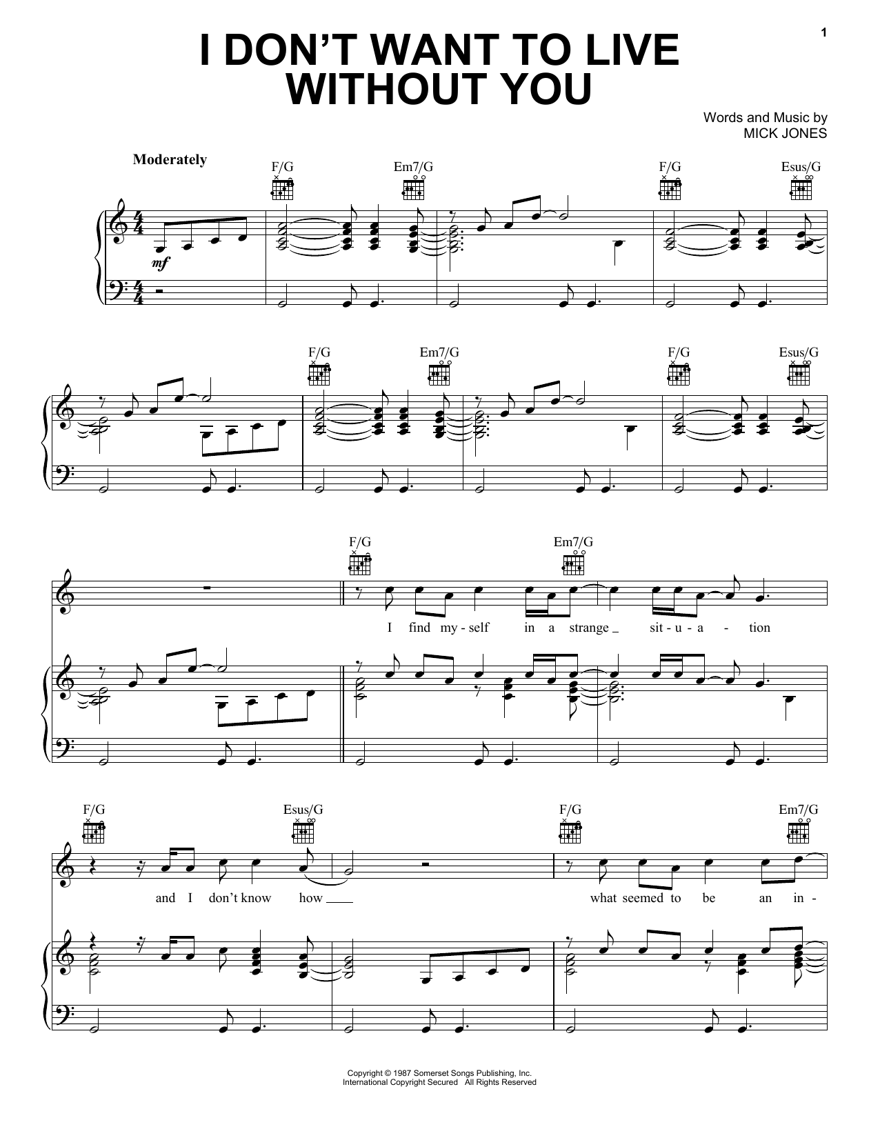 Foreigner I Don't Want To Live Without You sheet music notes and chords. Download Printable PDF.