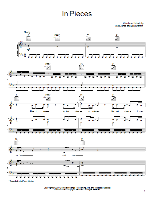 Learn to play Foreigner In Pieces sheet music for Piano, Vocal & Guitar Chords (Right-Hand Melody) in minutes. Price: 7.8900$ Foreigner In Pieces sheet music notes and chords arranged for Piano, Vocal & Guitar Chords (Right-Hand Melody)