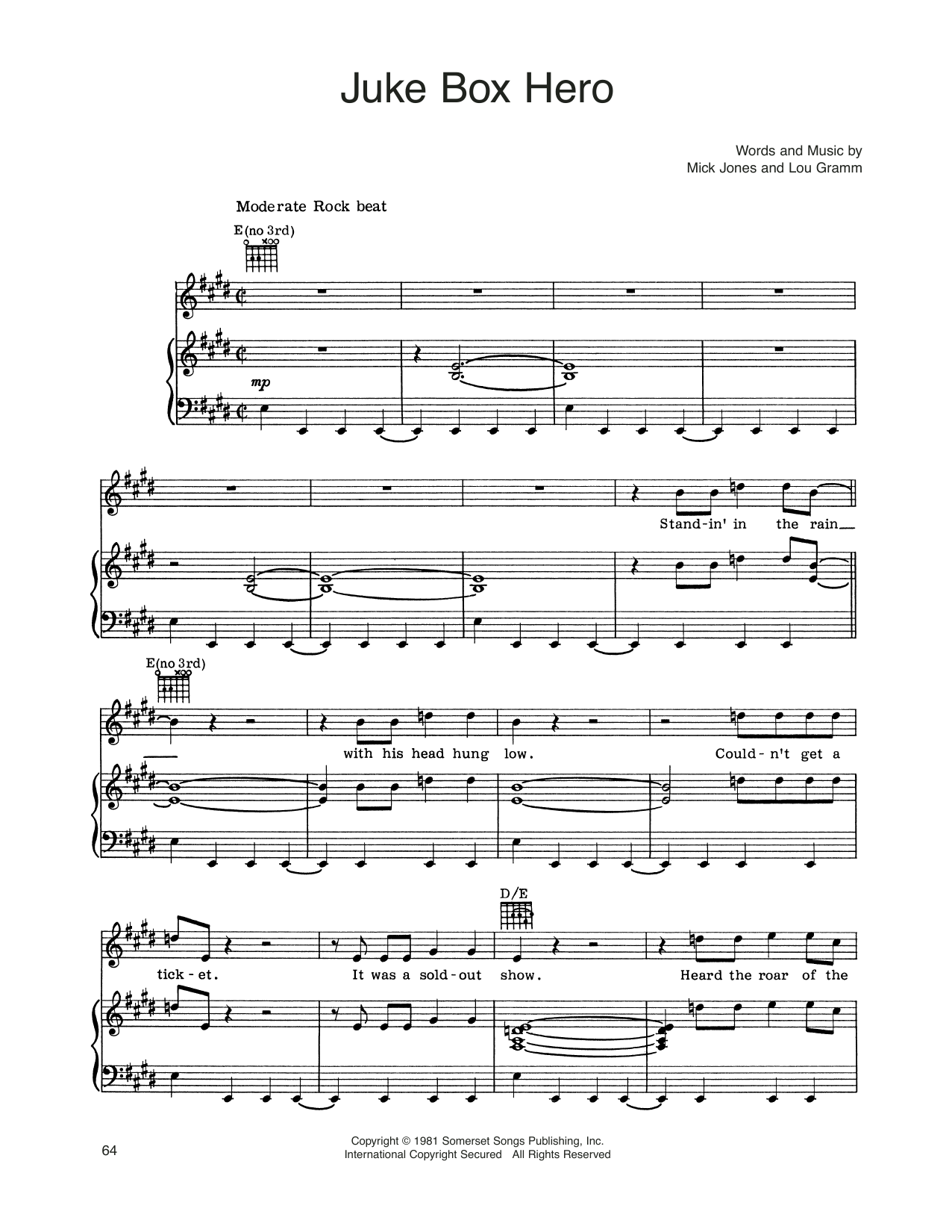 Foreigner Juke Box Hero sheet music notes and chords. Download Printable PDF.