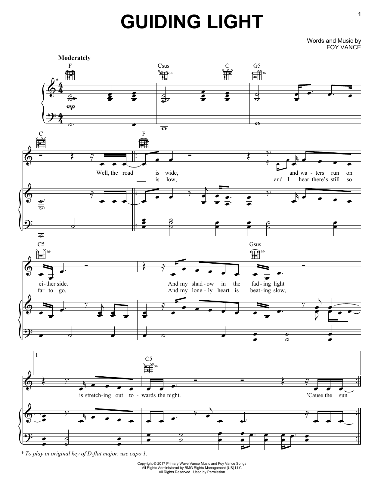 Foy Vance feat. Ed Sheeran Guiding Light sheet music notes and chords. Download Printable PDF.