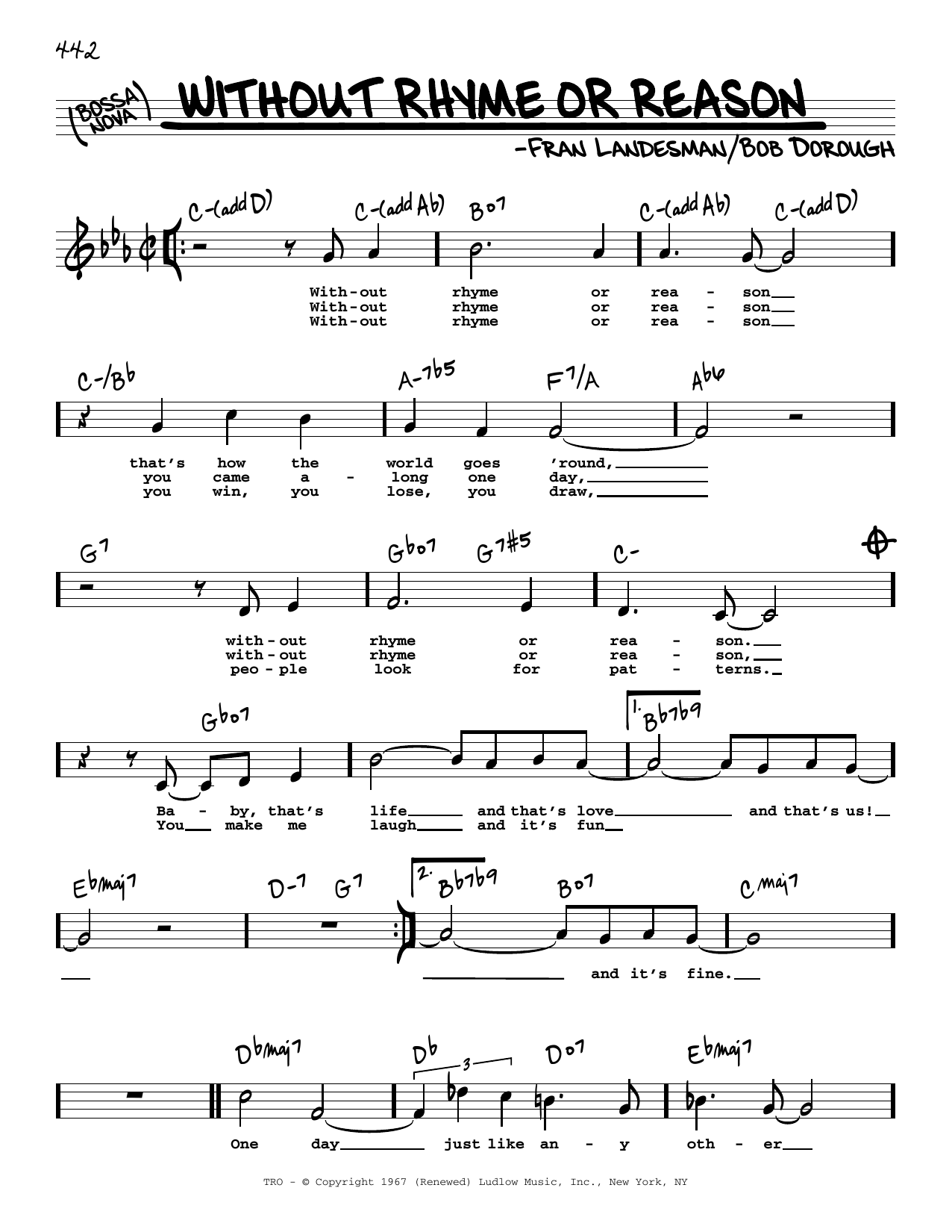 Fran Landesman and Bob Dorough Without Rhyme Or Reason (High Voice) sheet music notes and chords arranged for Real Book – Melody, Lyrics & Chords