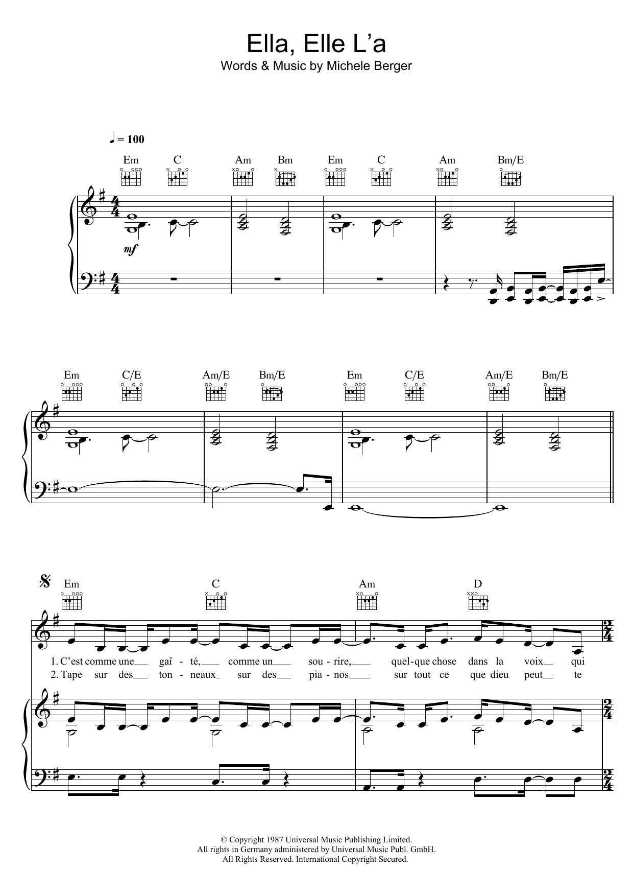Learn to play France Gall Ella, Elle L'a sheet music for Piano, Vocal & Guitar Chords in minutes. Price: 7.8900$ France Gall Ella, Elle L'a sheet music notes and chords arranged for Piano, Vocal & Guitar Chords