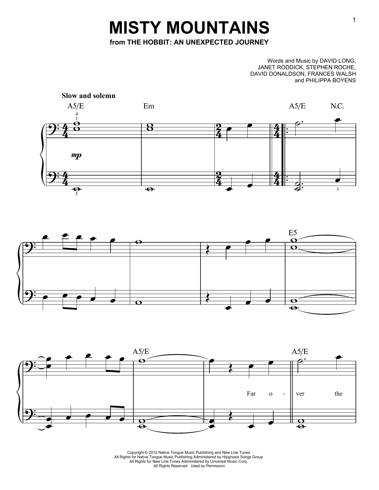 Frances Walsh Misty Mountains (from The Hobbit: An Unexpected Journey) sheet music notes and chords. Download Printable PDF.