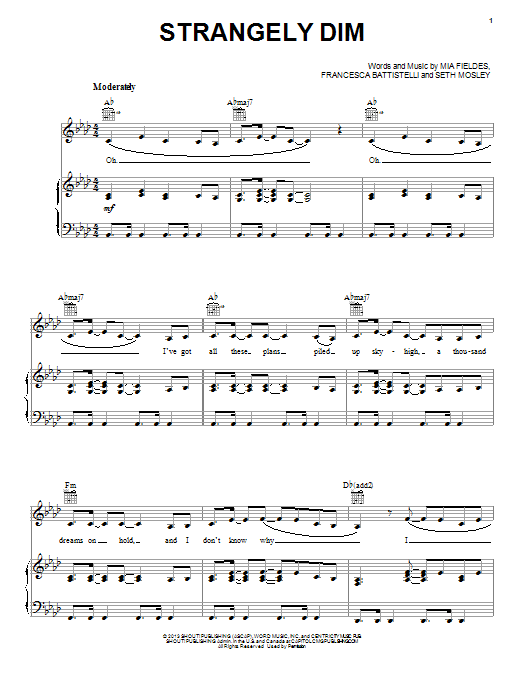 Learn to play Francesca Battistelli Strangely Dim sheet music for Piano, Vocal & Guitar Chords (Right-Hand Melody) in minutes. Price: 7.8900$ Francesca Battistelli Strangely Dim sheet music notes and chords arranged for Piano, Vocal & Guitar Chords (Right-Hand Melody)