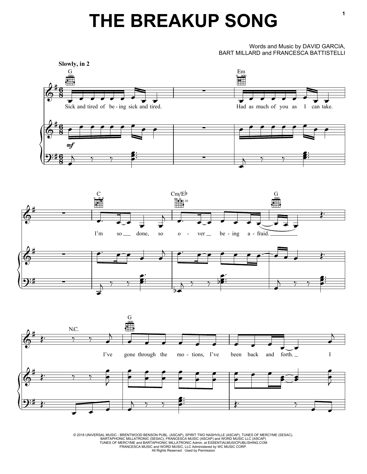 Learn to play Francesca Battistelli The Breakup Song sheet music for Piano, Vocal & Guitar Chords (Right-Hand Melody) in minutes. Price: 6.9900$ Francesca Battistelli The Breakup Song sheet music notes and chords arranged for Piano, Vocal & Guitar Chords (Right-Hand Melody)