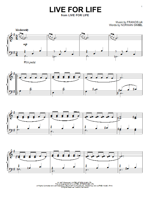 Learn to play Francis Lai Live For Life sheet music for Piano Solo in minutes. Price: 7.8900$ Francis Lai Live For Life sheet music notes and chords arranged for Piano Solo