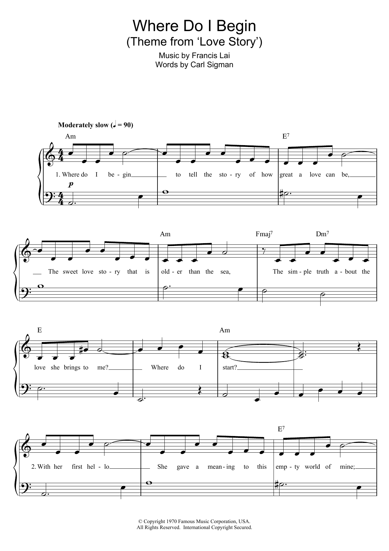 Francis Lai Where Do I Begin (theme from Love Story) sheet music notes and chords arranged for Piano Solo