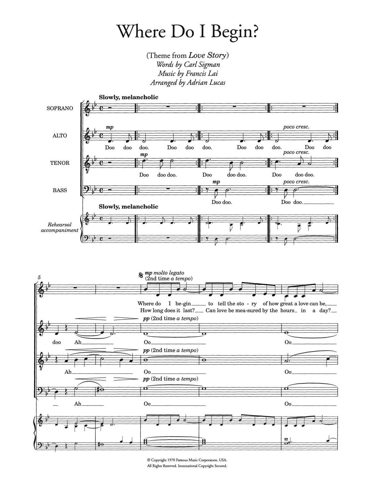 Francis Lai Where Do I Begin (theme from Love Story) (arr. Adrian Lucas) sheet music notes and chords. Download Printable PDF.