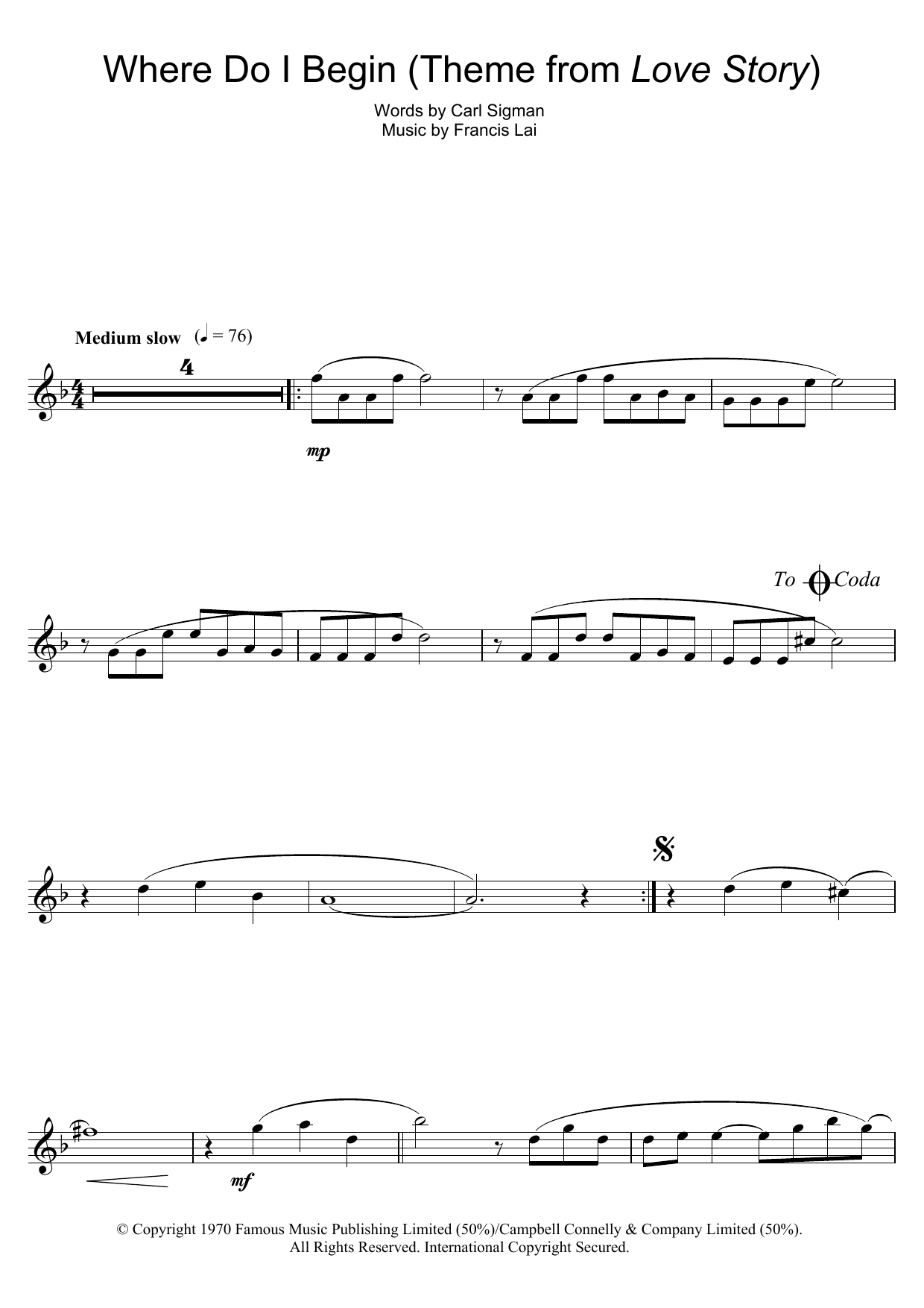 Francis Lai Where Do I Begin (theme from Love Story) sheet music notes and chords. Download Printable PDF.