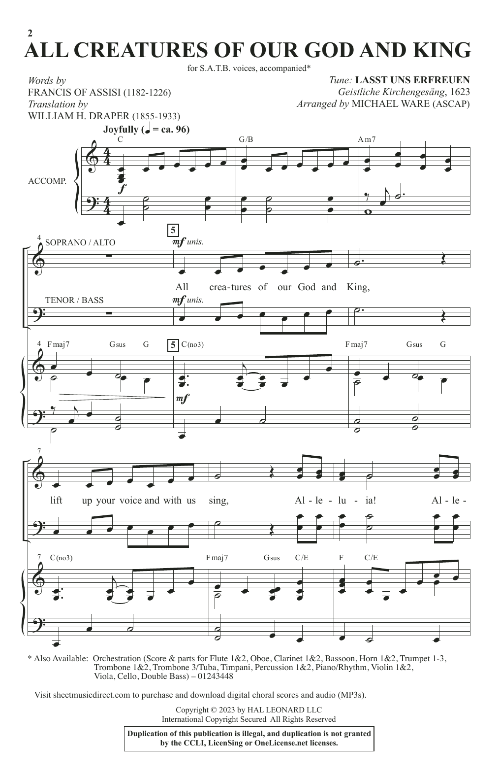 Learn to play Francis Of Assisi All Creatures Of Our God And King (arr. Michael Ware) sheet music for SATB Choir in minutes. Price: 3.9900$ Francis Of Assisi All Creatures Of Our God And King (arr. Michael Ware) sheet music notes and chords arranged for SATB Choir