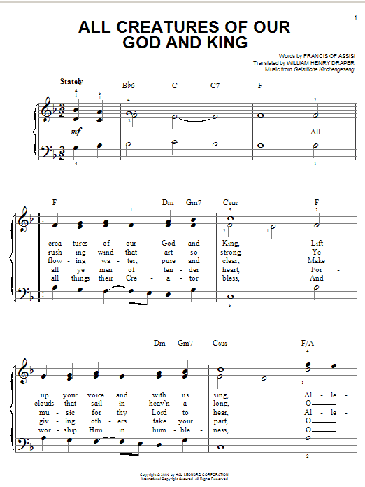 Francis of Assisi All Creatures Of Our God And King sheet music notes and chords. Download Printable PDF.