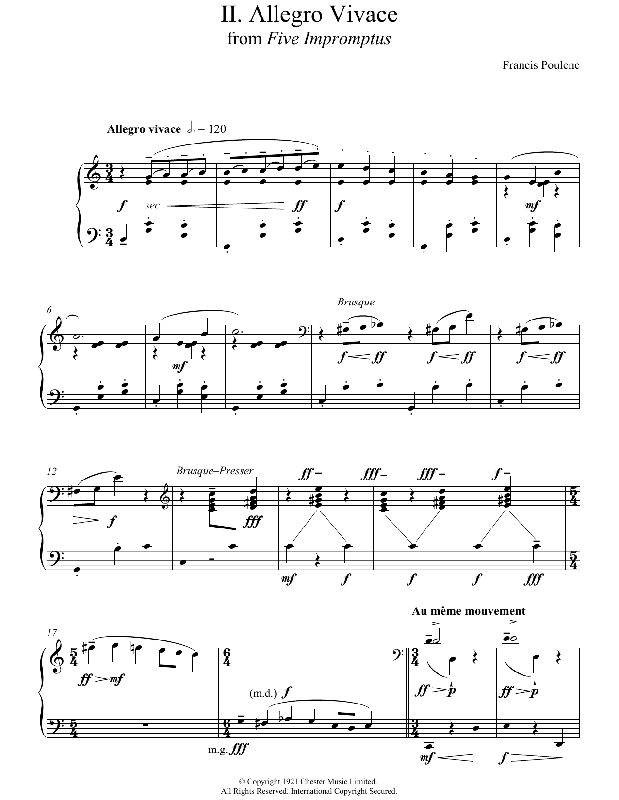Learn to play Francis Poulenc Allegro Vivace (From Five Impromptus) sheet music for Piano Solo in minutes. Price: 7.8900$ Francis Poulenc Allegro Vivace (From Five Impromptus) sheet music notes and chords arranged for Piano Solo