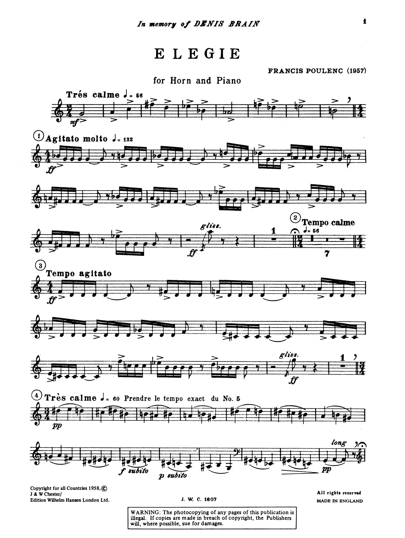 Francis Poulenc Elegie for Horn and Piano sheet music notes and chords. Download Printable PDF.