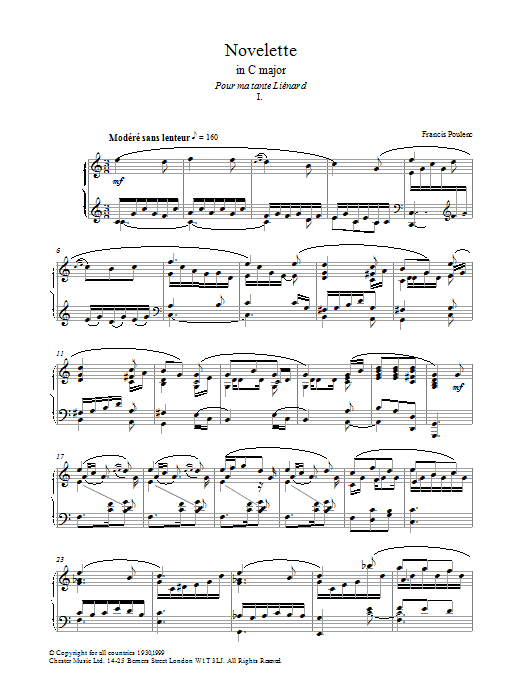 Learn to play Francis Poulenc Novelette In C Major, I (from the Three Novelettes) sheet music for Piano Solo in minutes. Price: 7.8900$ Francis Poulenc Novelette In C Major, I (from the Three Novelettes) sheet music notes and chords arranged for Piano Solo