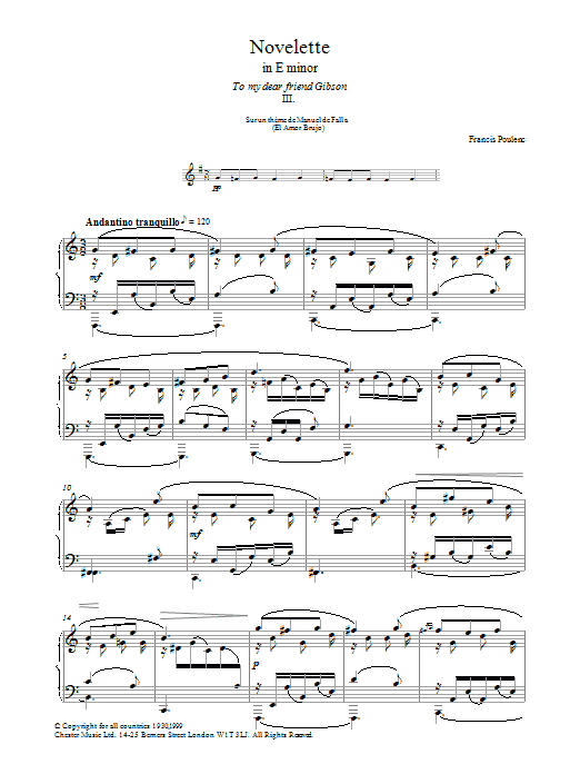 Francis Poulenc Novelette In E Minor, III (from the Three Novelettes) sheet music notes and chords. Download Printable PDF.