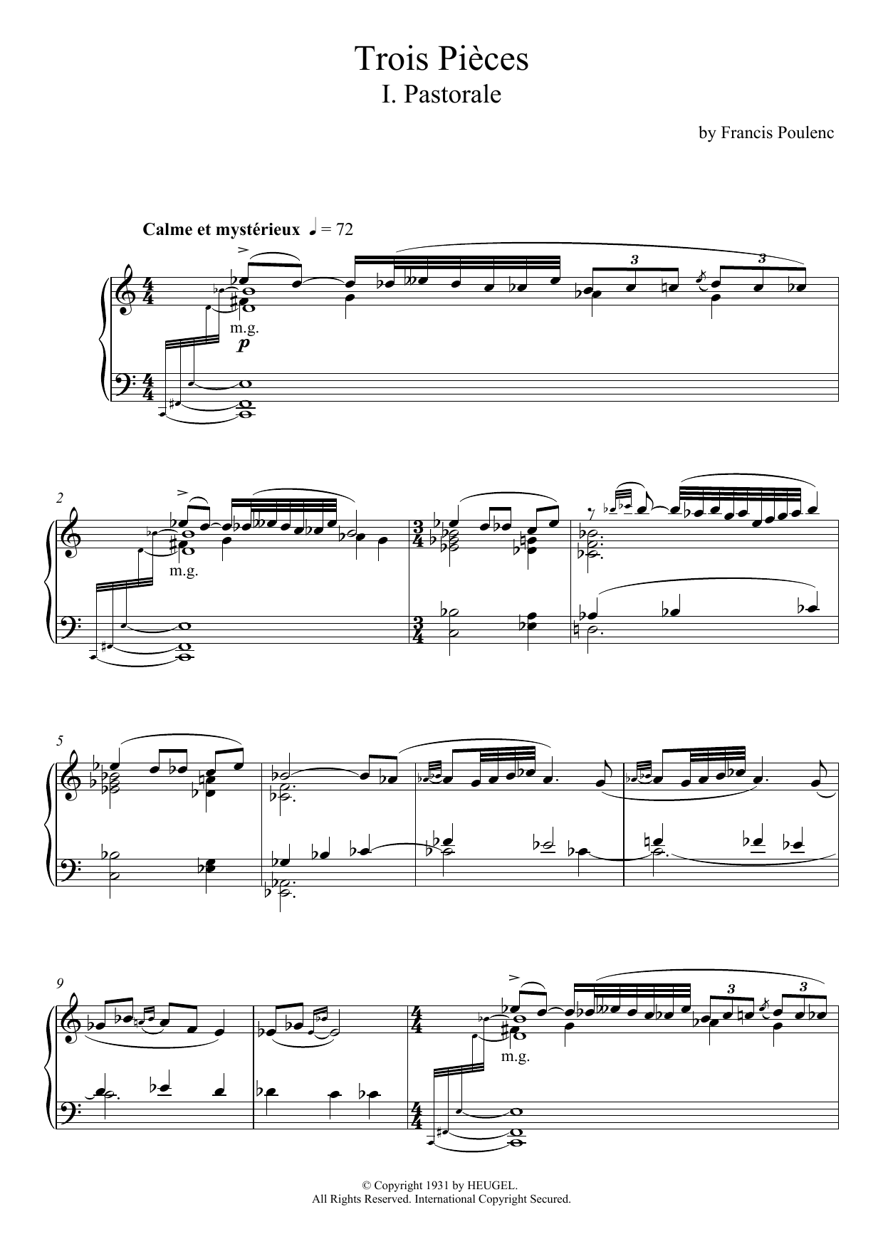 Francis Poulenc Trois Pièces - I. Pastorale sheet music notes and chords arranged for Piano Solo