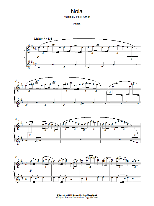 Learn to play Felix Arndt Nola sheet music for Piano Duet in minutes. Price: 7.8900$ Felix Arndt Nola sheet music notes and chords arranged for Piano Duet