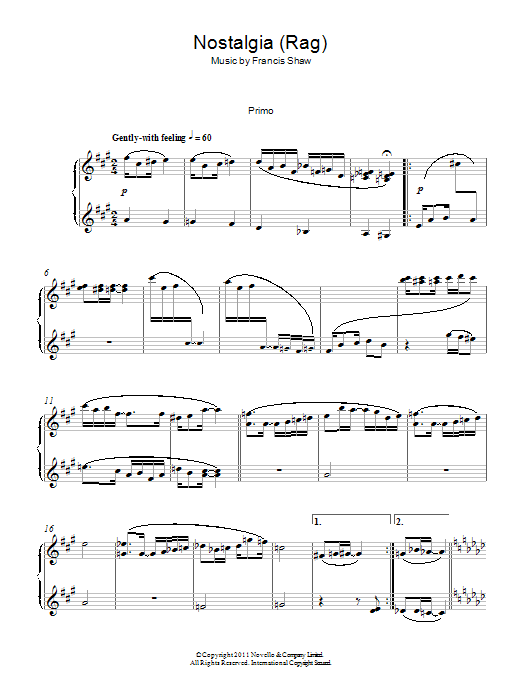 Learn to play Francis Shaw Nostalgia (Rag) sheet music for Piano Solo in minutes. Price: 7.8900$ Francis Shaw Nostalgia (Rag) sheet music notes and chords arranged for Piano Solo
