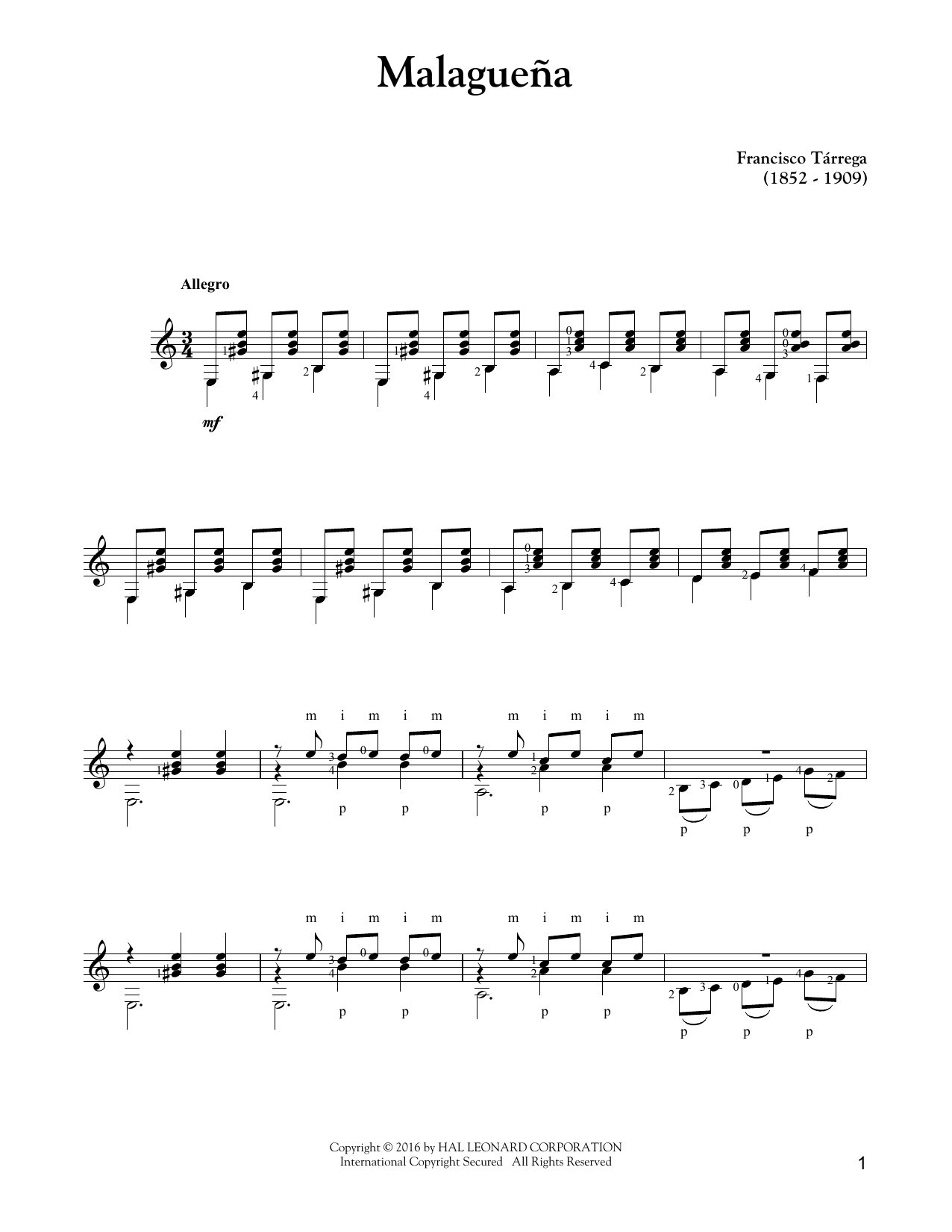 Francisco Tárrega Malagueña sheet music notes and chords. Download Printable PDF.