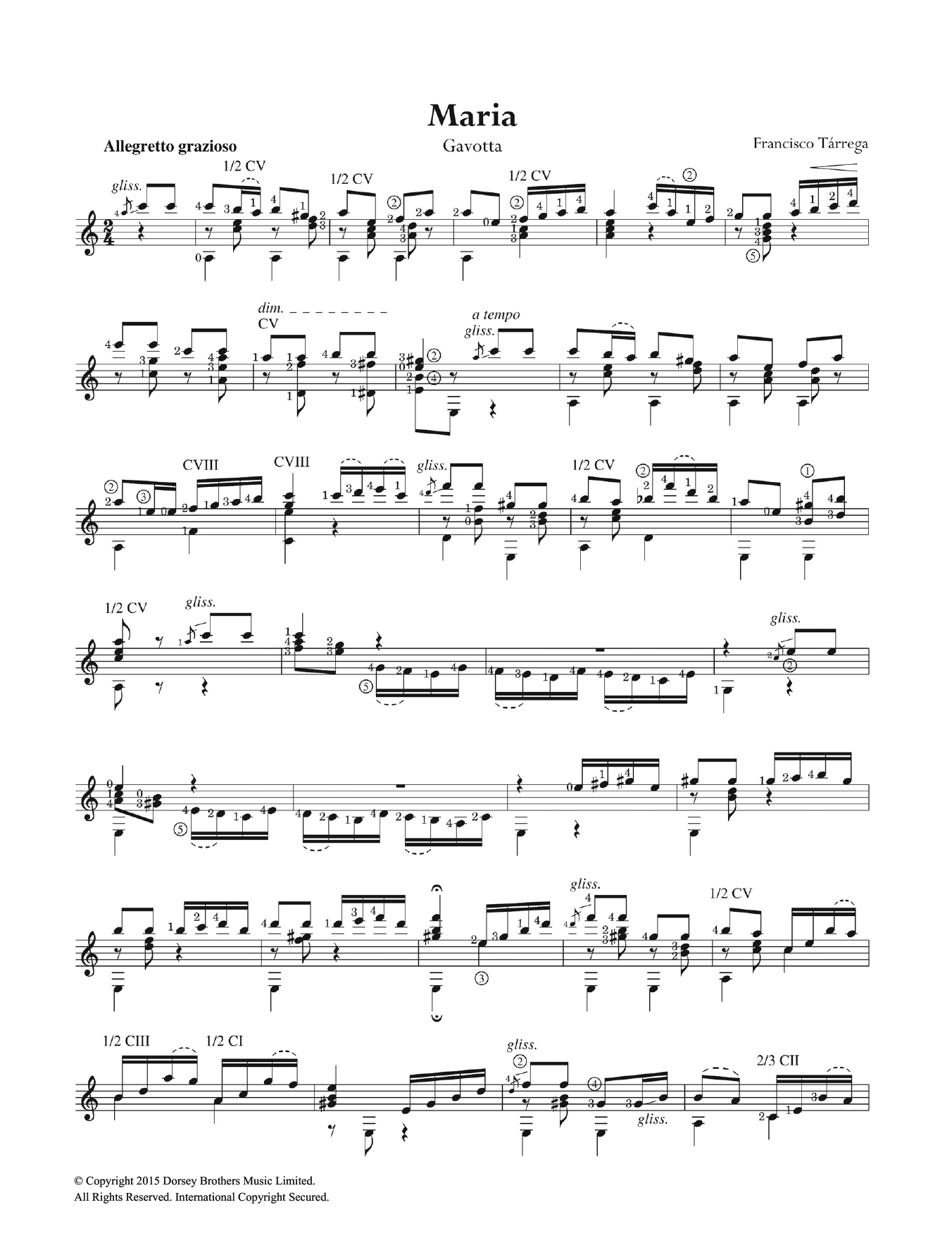 Francisco Tarrega Maria, Gavotta sheet music notes and chords arranged for Easy Guitar