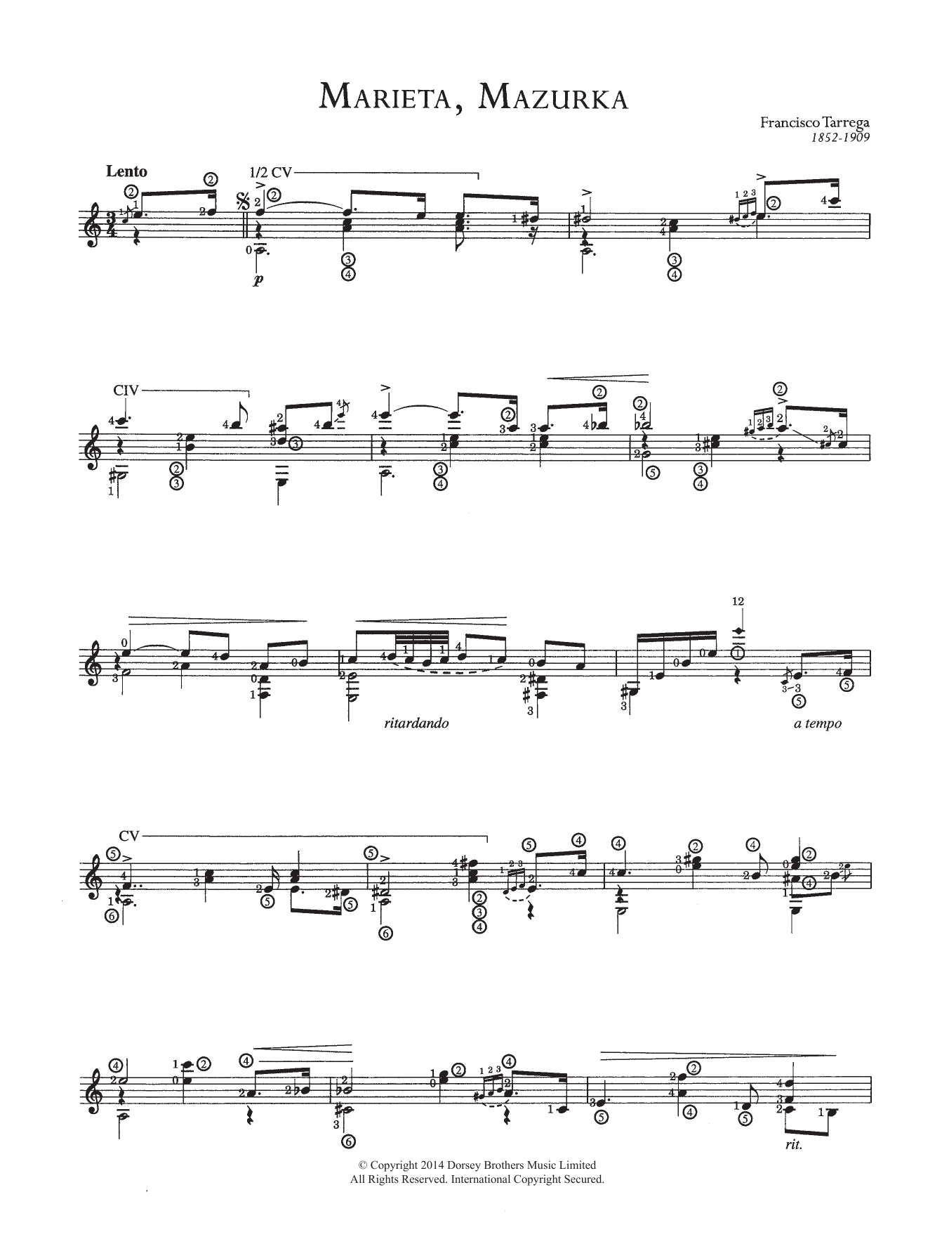 Francisco Tarrega Marieta, Mazurka sheet music notes and chords. Download Printable PDF.