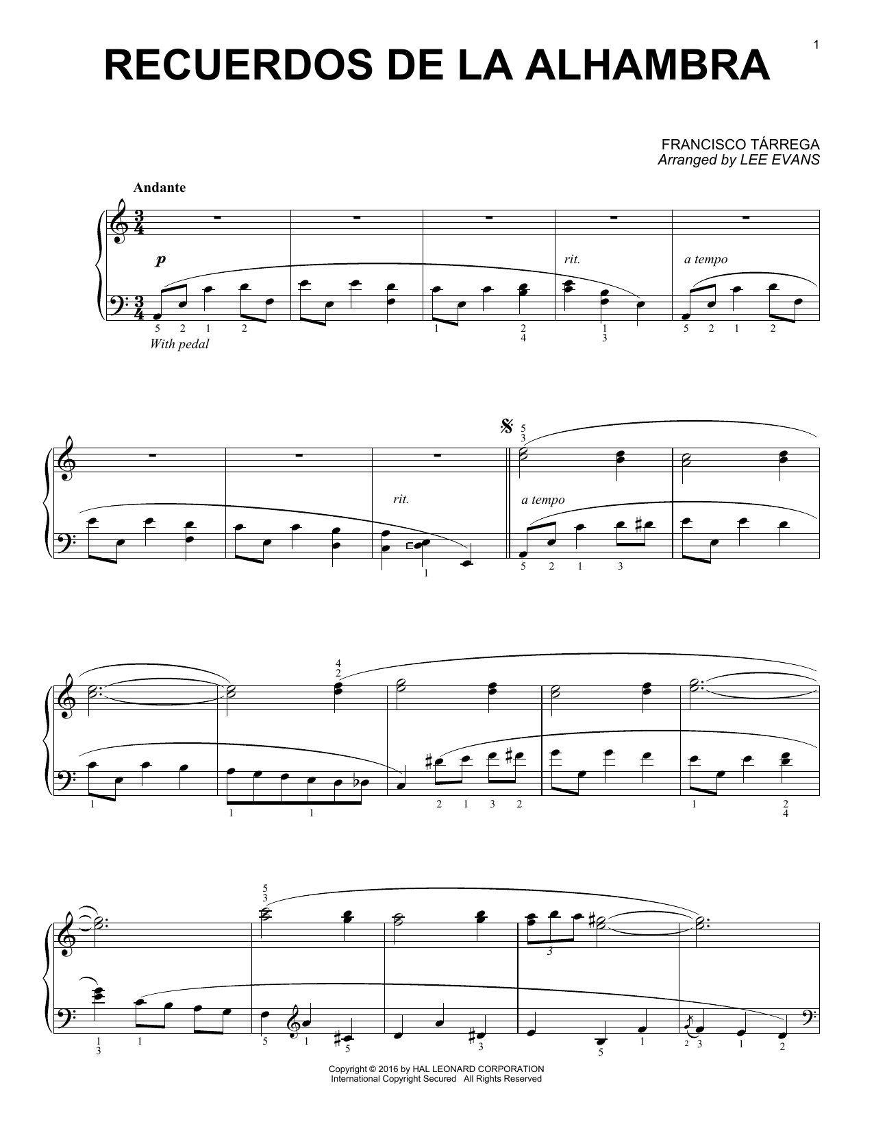 Lee Evans Recuerdos de la Alhambra sheet music notes and chords. Download Printable PDF.