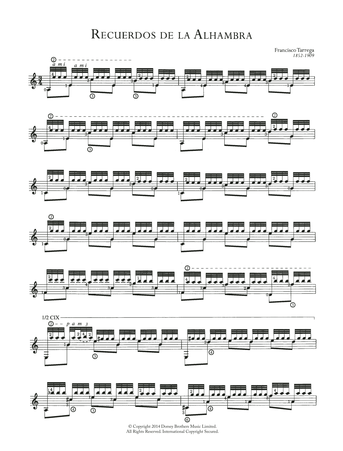 Francisco Tárrega Recuerdos de la Alhambra sheet music notes and chords. Download Printable PDF.