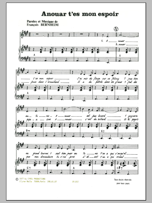 Learn to play Francois Bernheim Ainhouar T'es Mon Espoir sheet music for Piano & Vocal in minutes. Price: 7.8900$ Francois Bernheim Ainhouar T'es Mon Espoir sheet music notes and chords arranged for Piano & Vocal