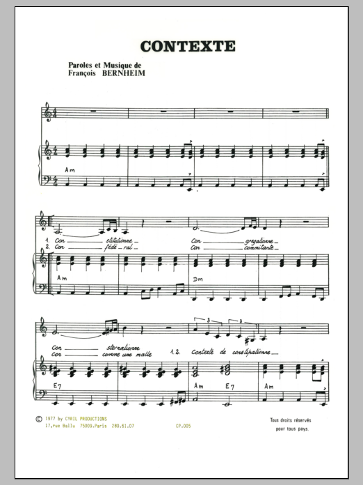 Learn to play Francois Bernheim Contexte sheet music for Piano & Vocal in minutes. Price: 7.8900$ Francois Bernheim Contexte sheet music notes and chords arranged for Piano & Vocal