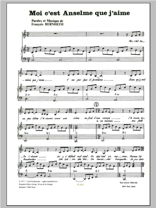 Learn to play Francois Bernheim Moi C'est Anselme Que J'aime sheet music for Piano & Vocal in minutes. Price: 7.8900$ Francois Bernheim Moi C'est Anselme Que J'aime sheet music notes and chords arranged for Piano & Vocal