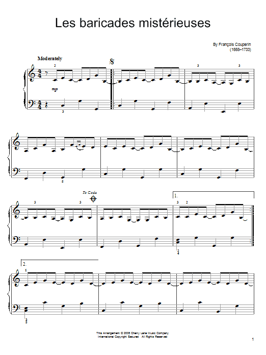 Learn to play Francois Couperin Les Baricades Misterieuses sheet music for Easy Piano in minutes. Price: 6.9900$ Francois Couperin Les Baricades Misterieuses sheet music notes and chords arranged for Easy Piano