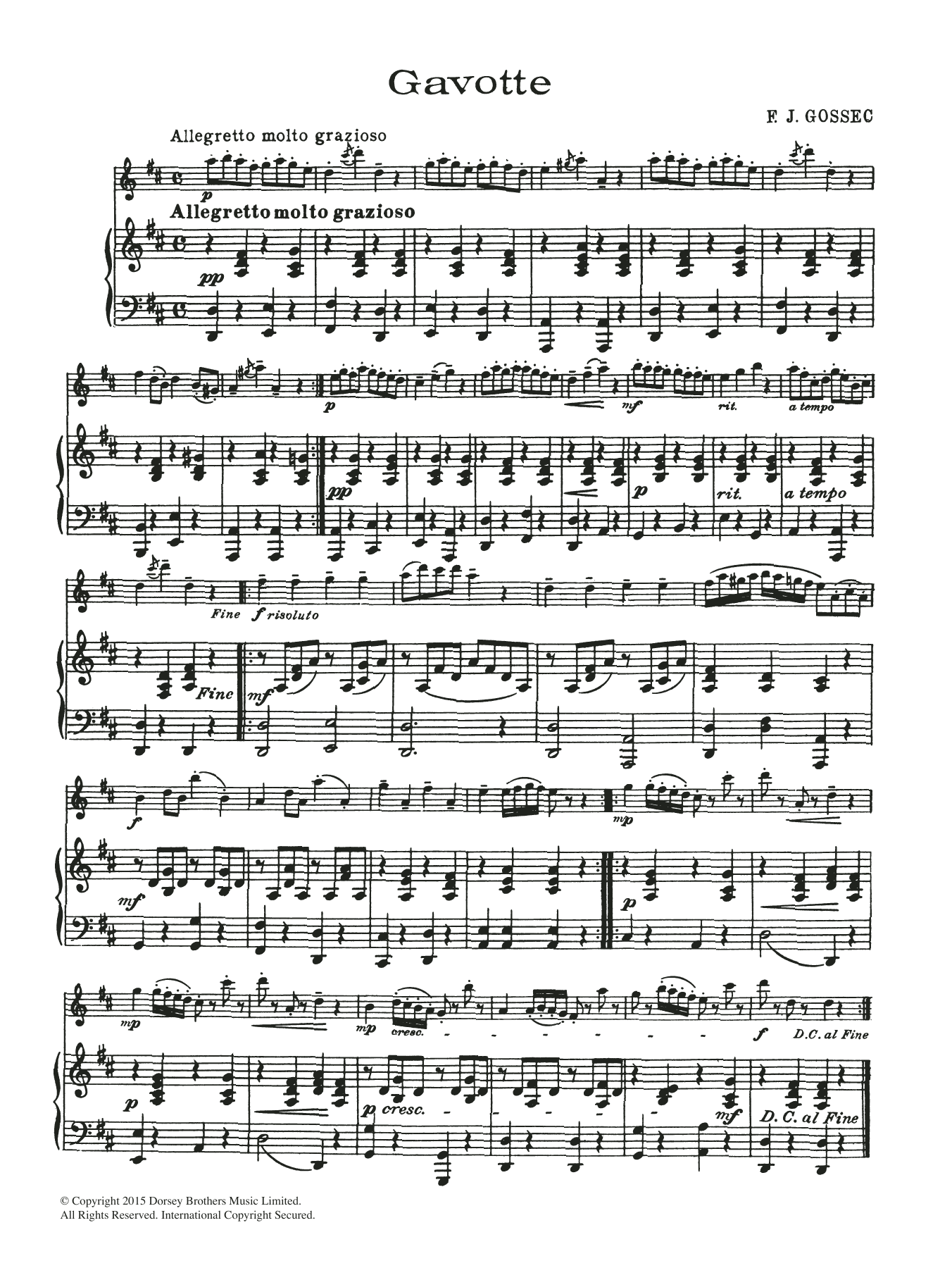 Francois Gossec Gavotte sheet music notes and chords. Download Printable PDF.