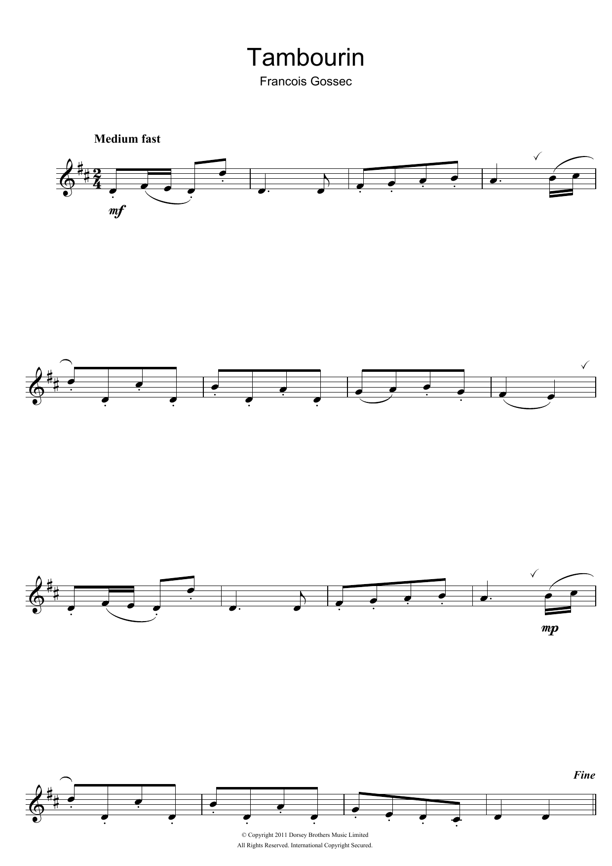 Francois Gossec Tambourin sheet music notes and chords. Download Printable PDF.